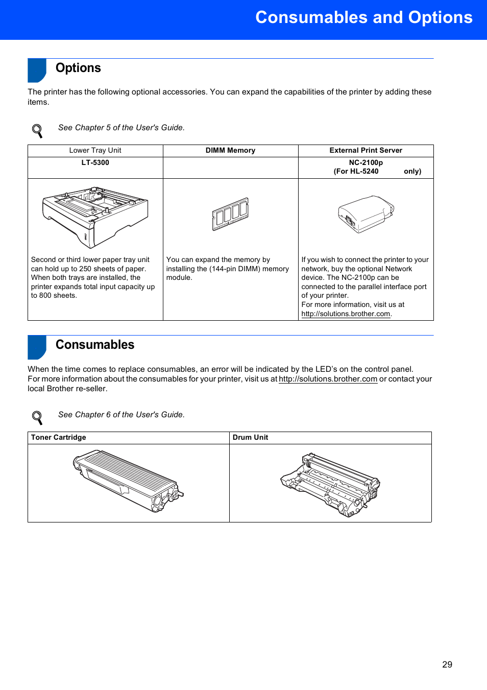 Consumables and options, Options, Consumables | Options consumables, See chapter 5 of the user's guide, See chapter 6 of the user's guide | Brother HL-5240L User Manual | Page 31 / 34