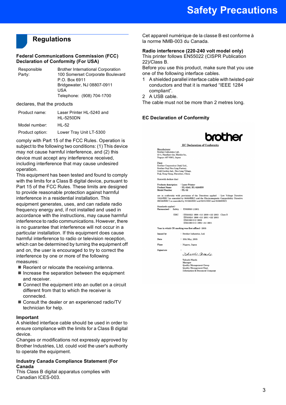 Regulations, Important, Industry canada compliance statement (for canada | Radio interference (220-240 volt model only), Ec declaration of conformity, Safety precautions | Brother HL-5240L User Manual | Page 5 / 34