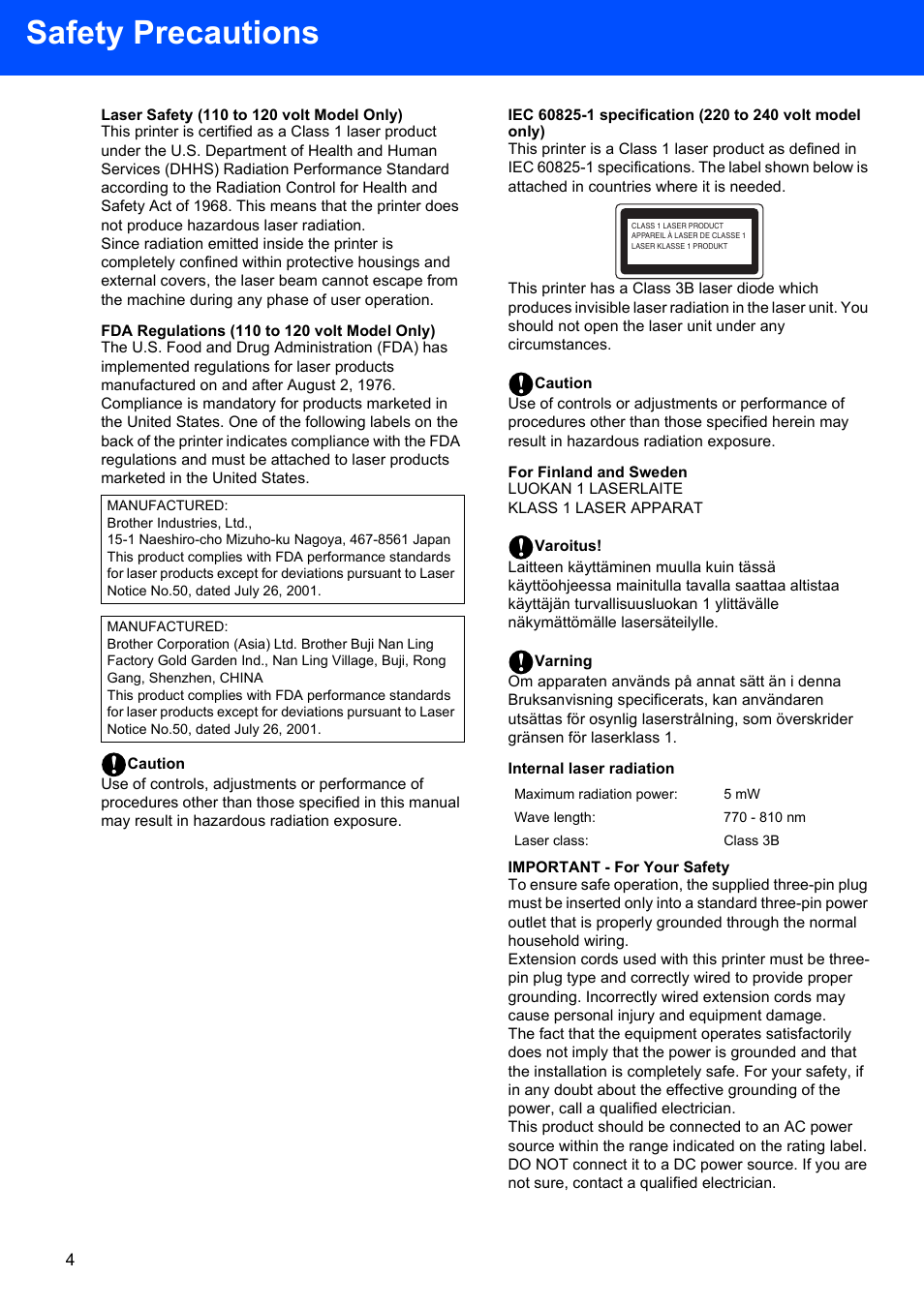 Laser safety (110 to 120 volt model only), Fda regulations (110 to 120 volt model only), Caution | For finland and sweden, Varoitus, Varning, Internal laser radiation, Important - for your safety, Safety precautions | Brother HL-5240L User Manual | Page 6 / 34