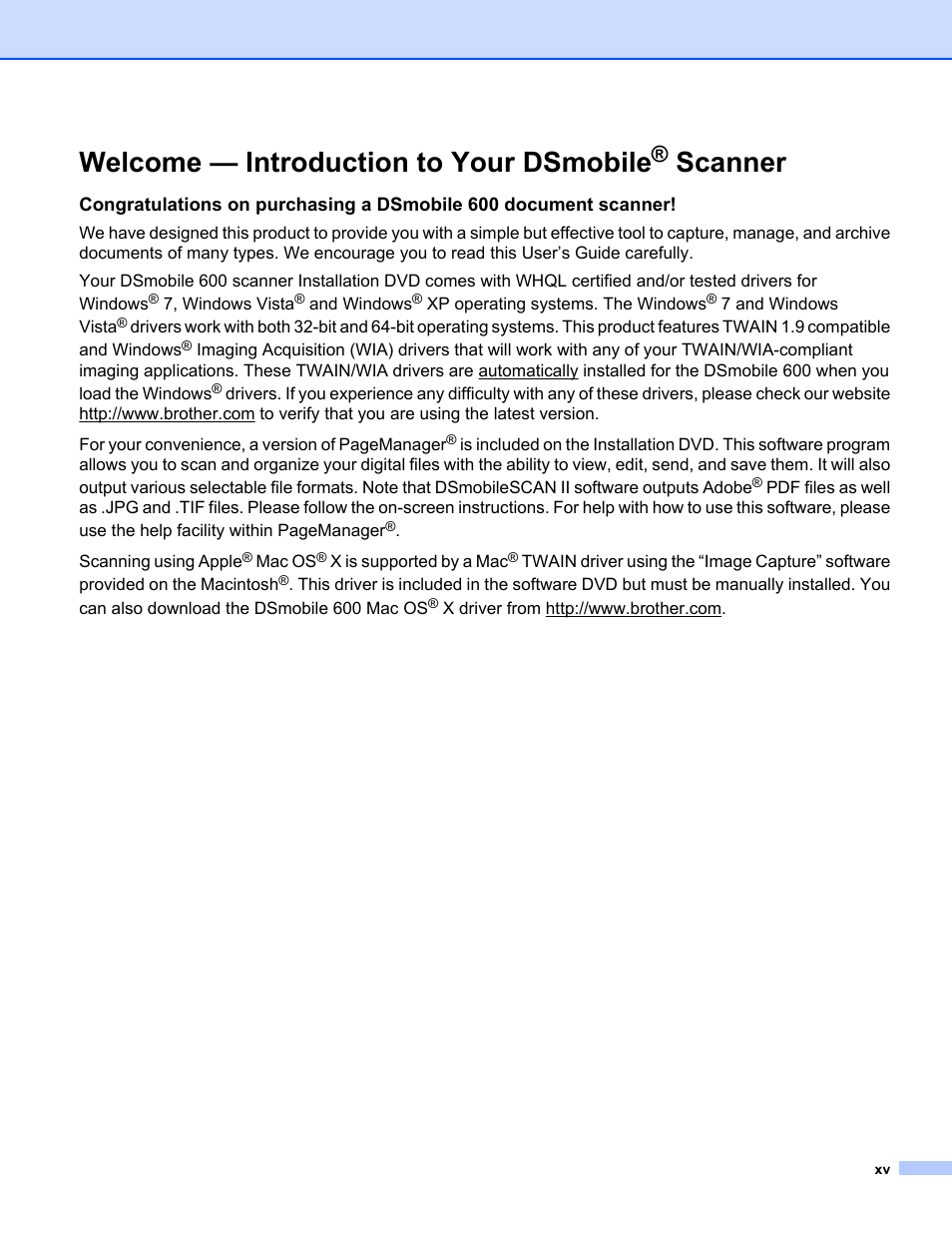Welcome — introduction to your dsmobile® scanner, Welcome — introduction to your dsmobile, Scanner | Brother DsMobile 600 User Manual | Page 16 / 57