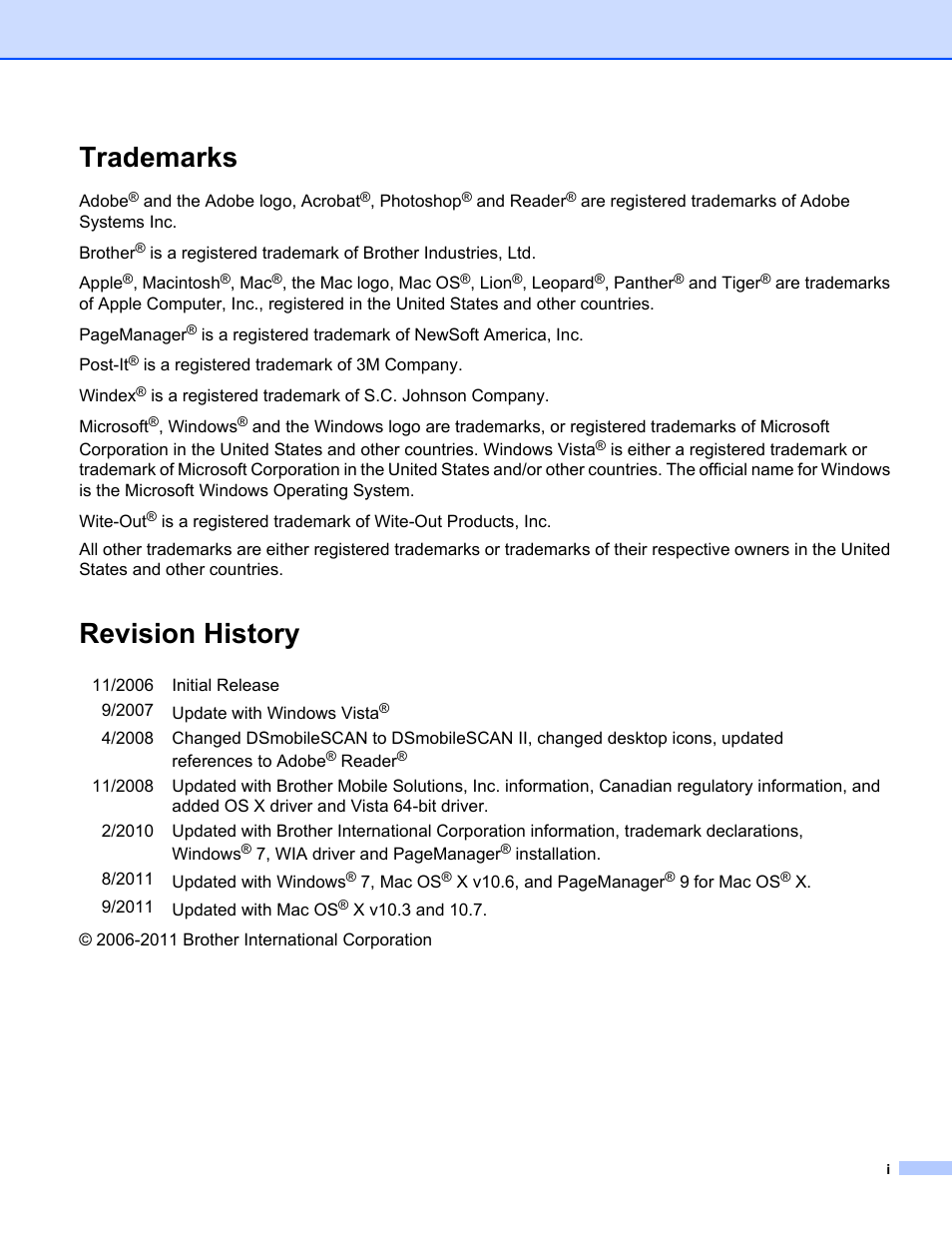 Trademarks, Revision history | Brother DsMobile 600 User Manual | Page 2 / 57