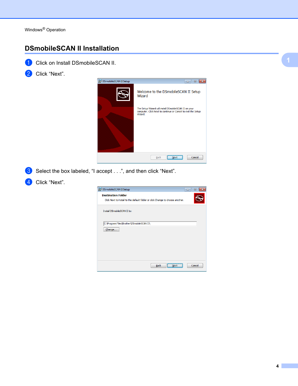 Dsmobilescan ii installation, 1dsmobilescan ii installation | Brother DsMobile 600 User Manual | Page 22 / 57