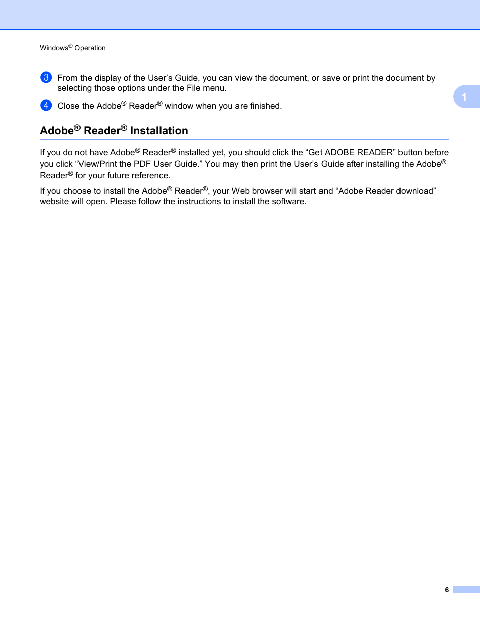 Adobe® reader® installation, Adobe, Reader | Installation | Brother DsMobile 600 User Manual | Page 24 / 57