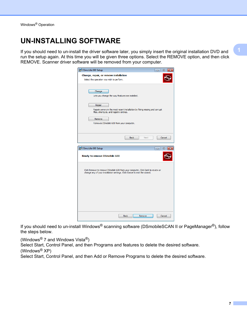 Un-installing software | Brother DsMobile 600 User Manual | Page 25 / 57