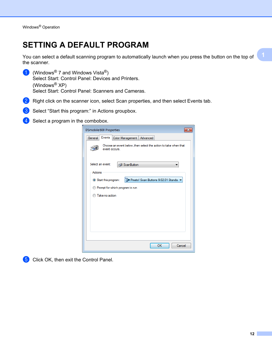 Setting a default program | Brother DsMobile 600 User Manual | Page 30 / 57