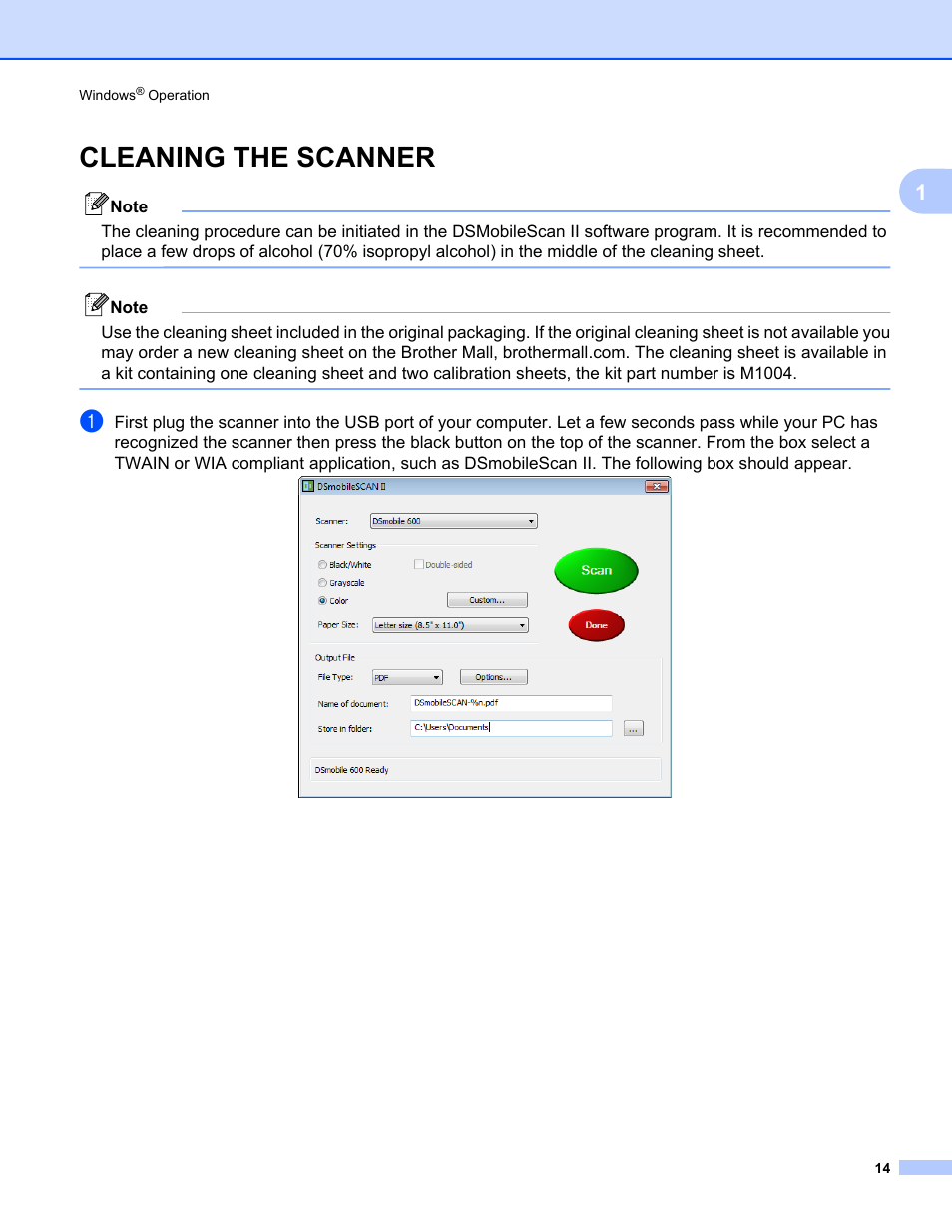 Cleaning the scanner | Brother DsMobile 600 User Manual | Page 32 / 57