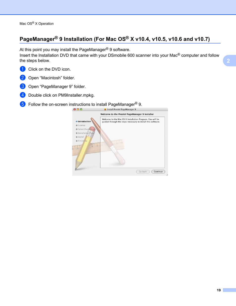 9 installation (for mac os, X v10.4, v10.5, v10.6 and v10.7), 2pagemanager | Brother DsMobile 600 User Manual | Page 37 / 57