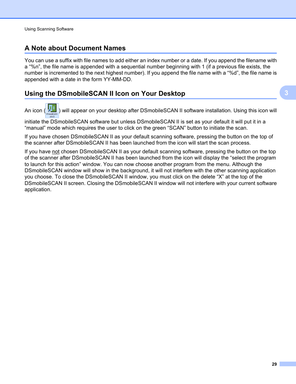 A note about document names, Using the dsmobilescan ii icon on your desktop | Brother DsMobile 600 User Manual | Page 47 / 57