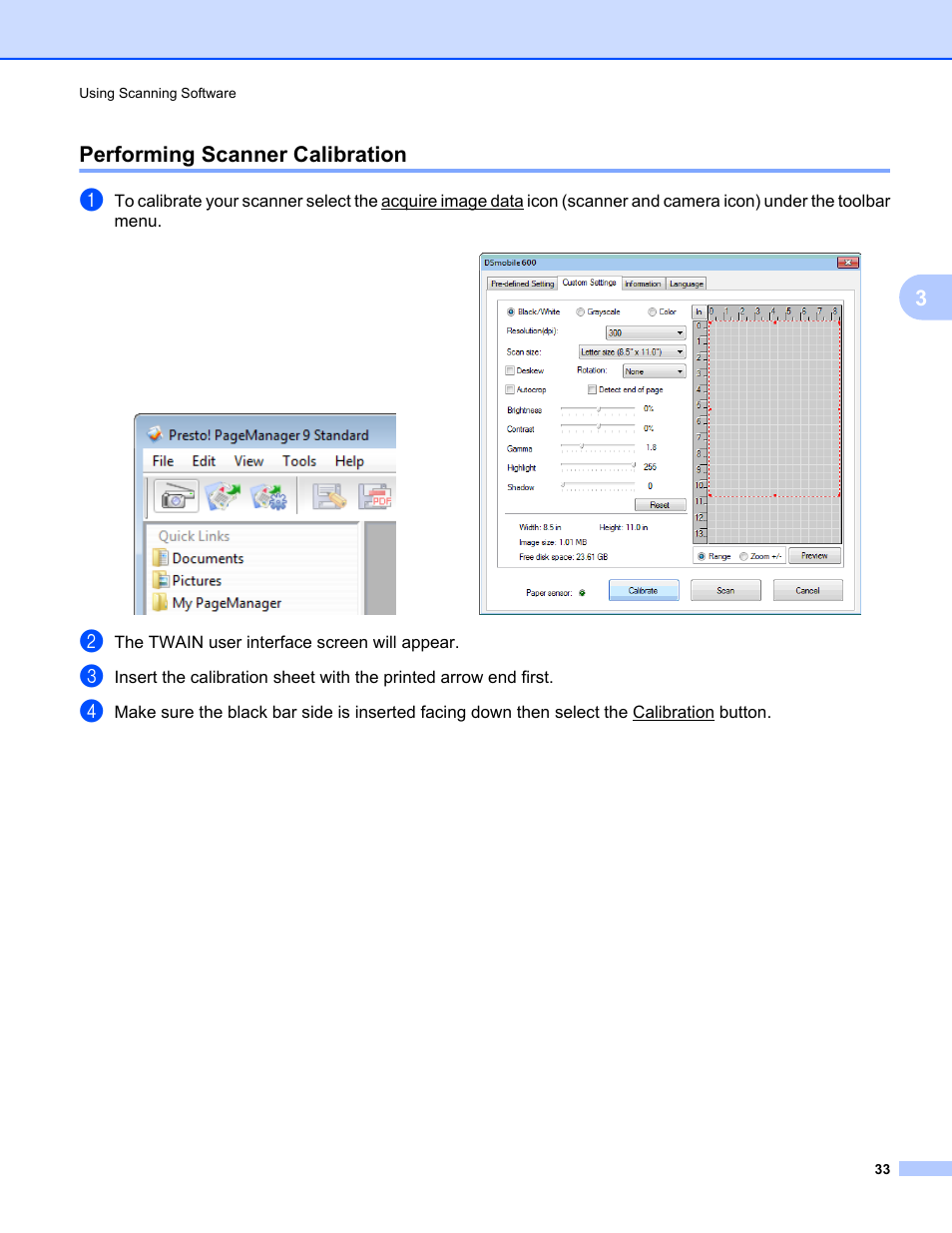 Performing scanner calibration, 3performing scanner calibration | Brother DsMobile 600 User Manual | Page 51 / 57