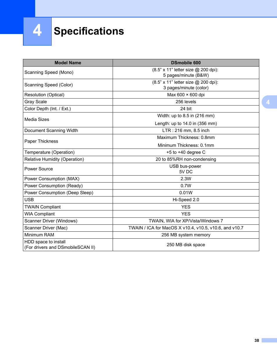 4 specifications, Specifications | Brother DsMobile 600 User Manual | Page 56 / 57