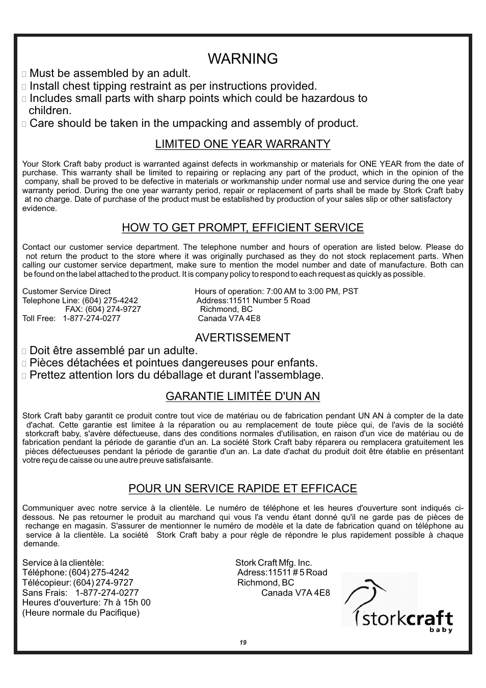 Warning | Storkcraft Aspen Combo Dresser User Manual | Page 20 / 20