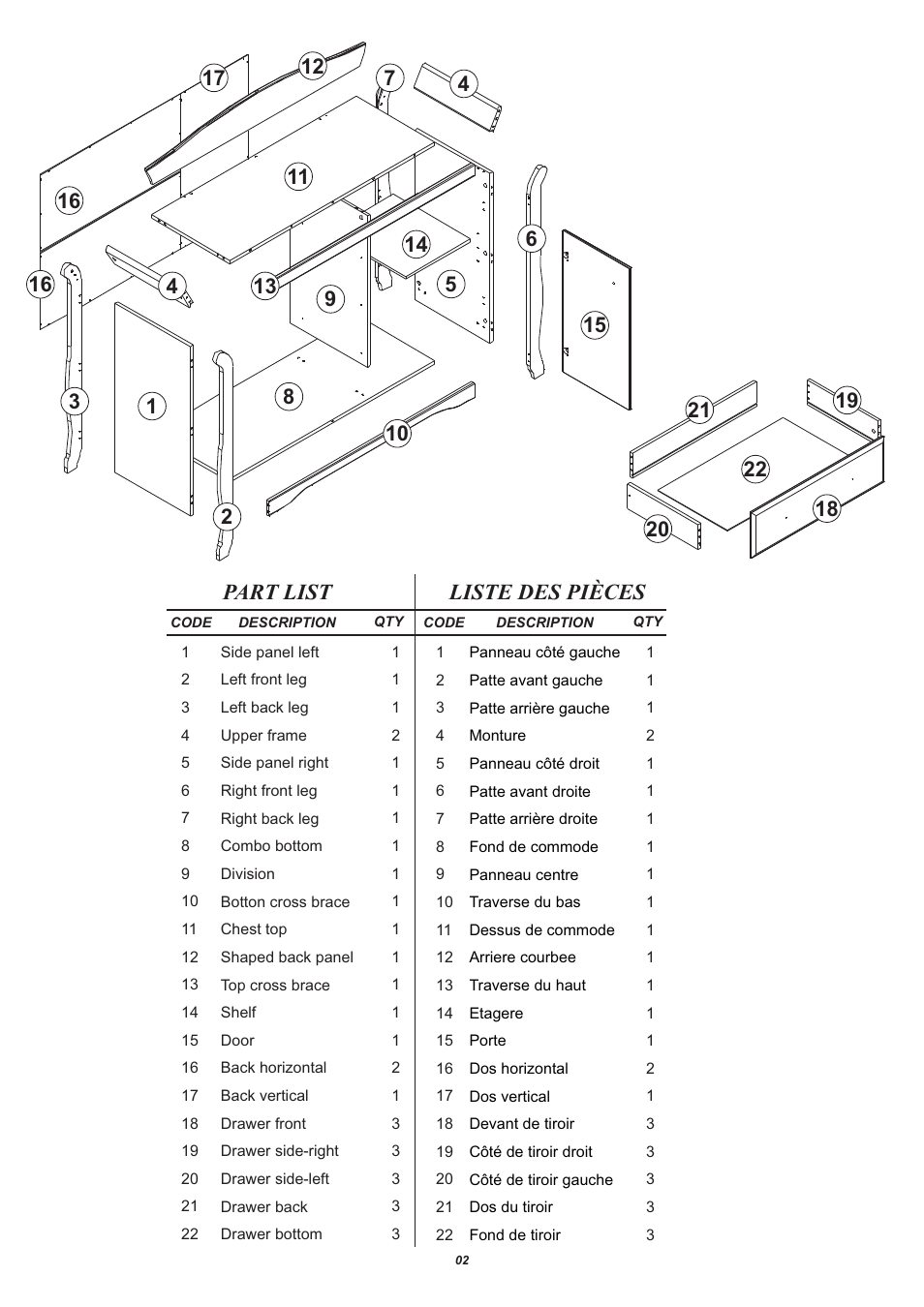 Part list liste des pièces | Storkcraft Aspen Combo Dresser User Manual | Page 3 / 20