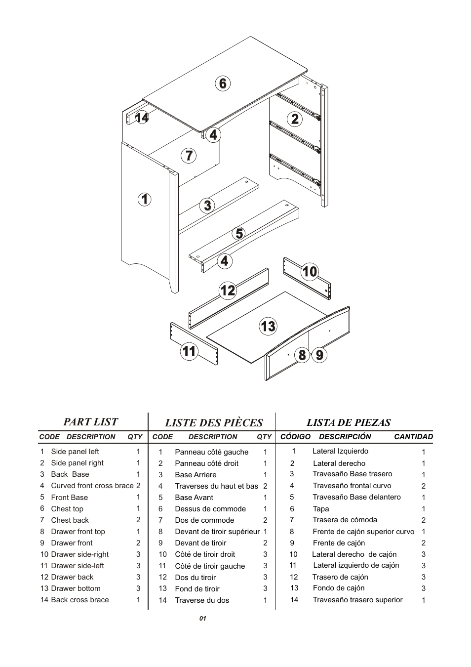 Part list liste des pièces | Storkcraft Beatrice 3 Drawer Chest User Manual | Page 2 / 13