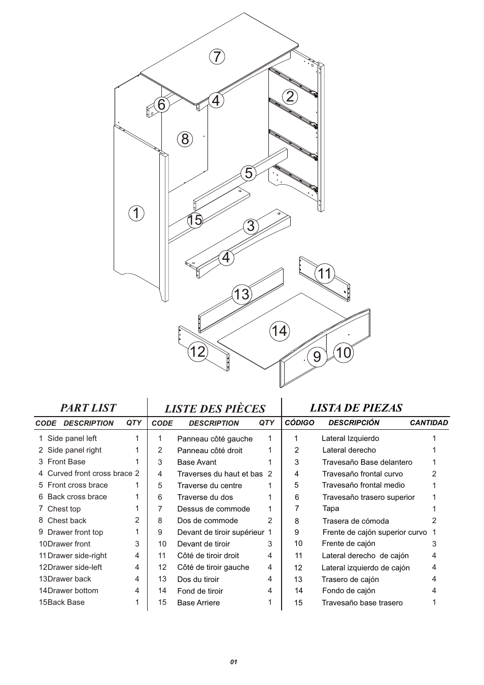 Part list liste des pièces lista de piezas | Storkcraft Beatrice 4 Drawer Chest User Manual | Page 2 / 13