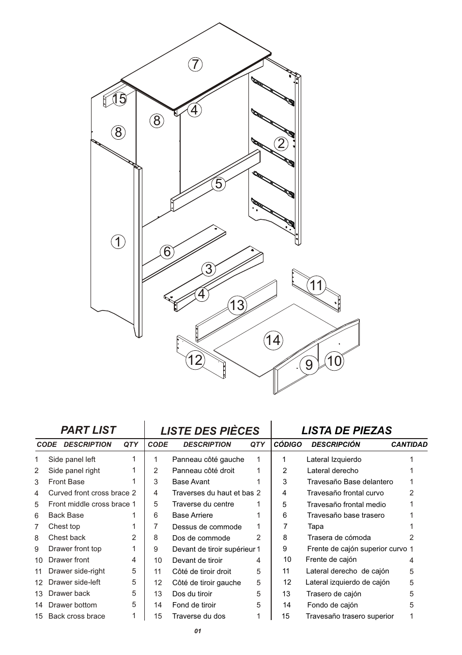 Part list liste des pièces, Lista de piezas | Storkcraft Beatrice 5 Drawer Chest User Manual | Page 2 / 13