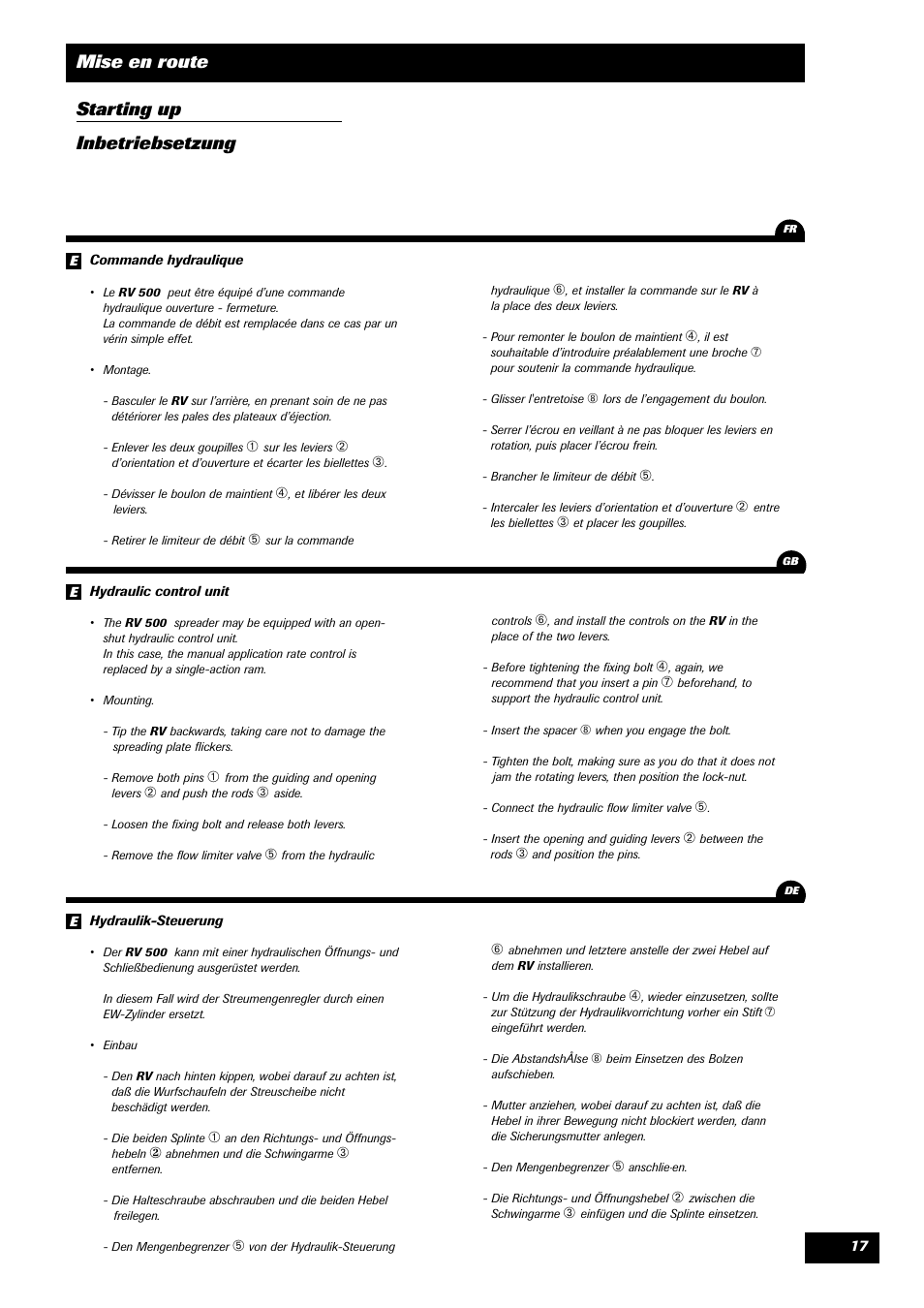 Mise en route starting up inbetriebsetzung | Sulky Monorotor V 500 User Manual | Page 19 / 77