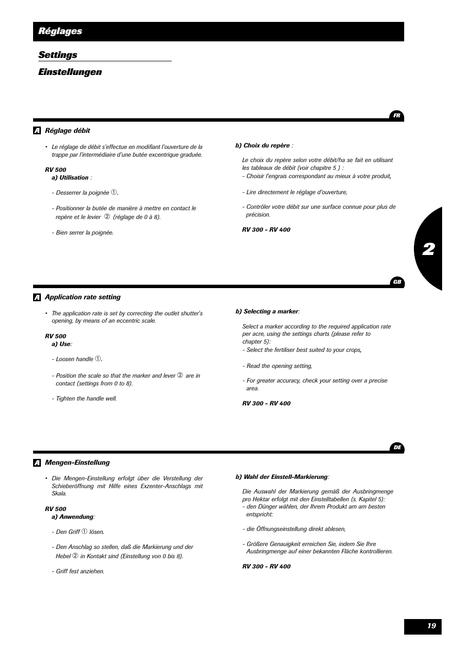 Réglages settings einstellungen | Sulky Monorotor V 500 User Manual | Page 21 / 77