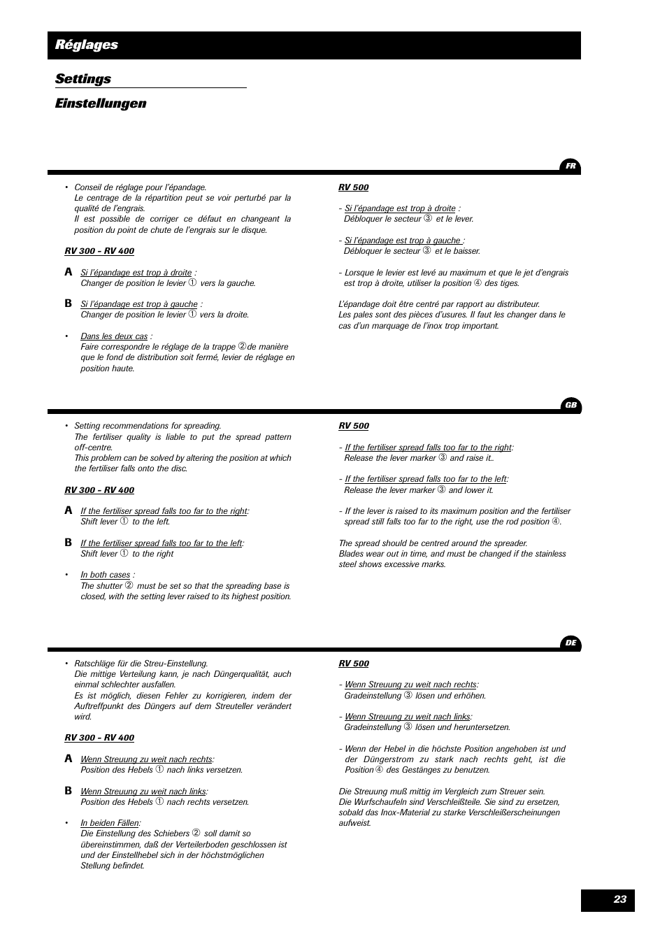 Réglages settings einstellungen | Sulky Monorotor V 500 User Manual | Page 25 / 77