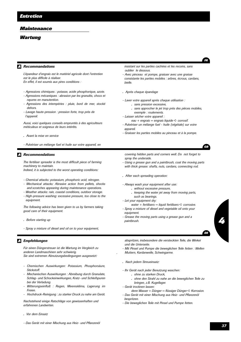 Entretien maintenance wartung | Sulky Monorotor V 500 User Manual | Page 39 / 77