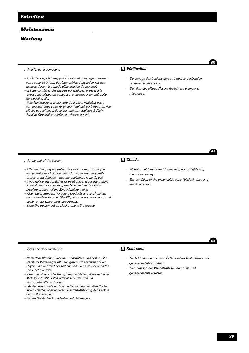 Entretien maintenance wartung | Sulky Monorotor V 500 User Manual | Page 41 / 77