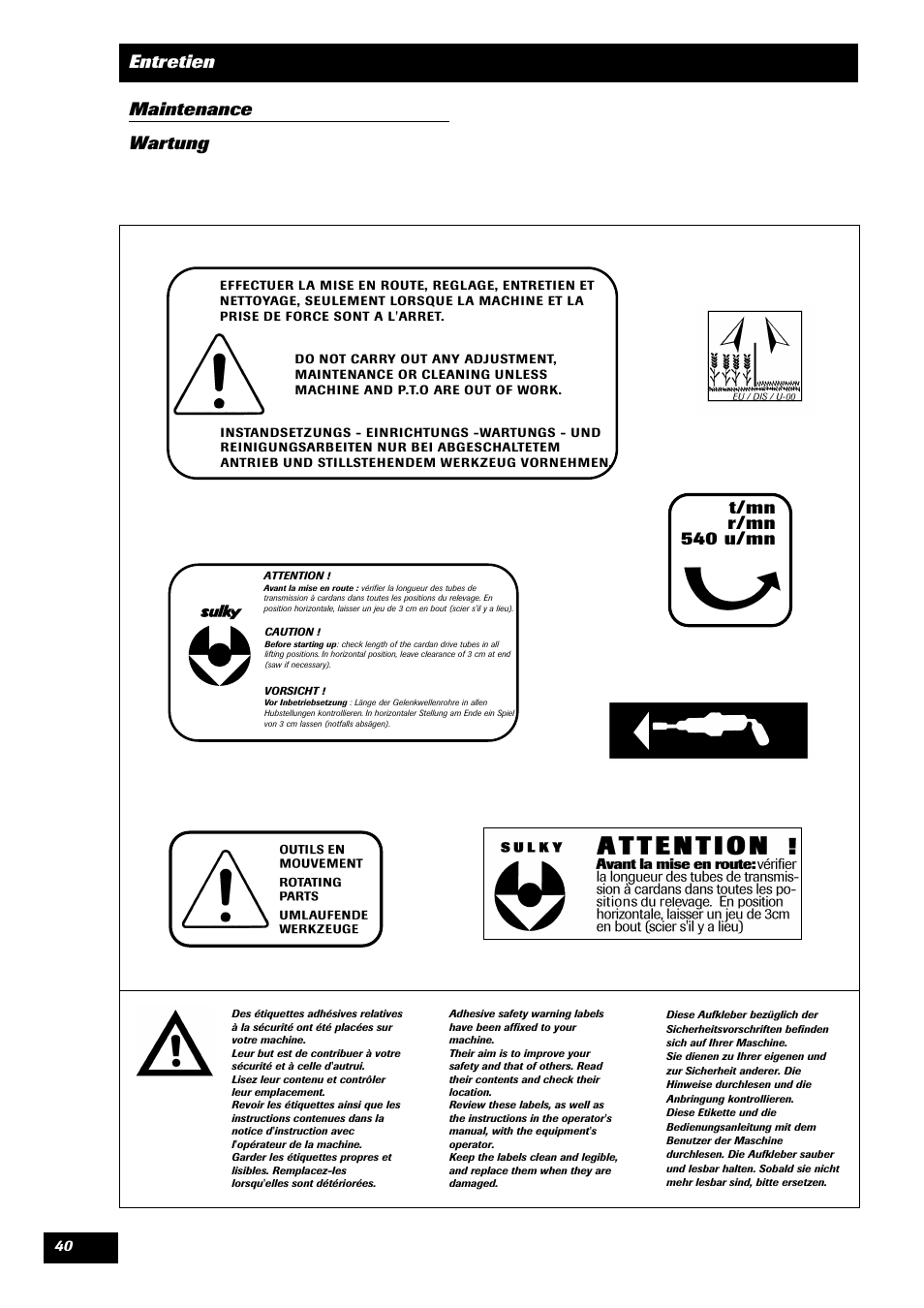 Entretien maintenance wartung t/mn r/mn 540 u/mn | Sulky Monorotor V 500 User Manual | Page 42 / 77