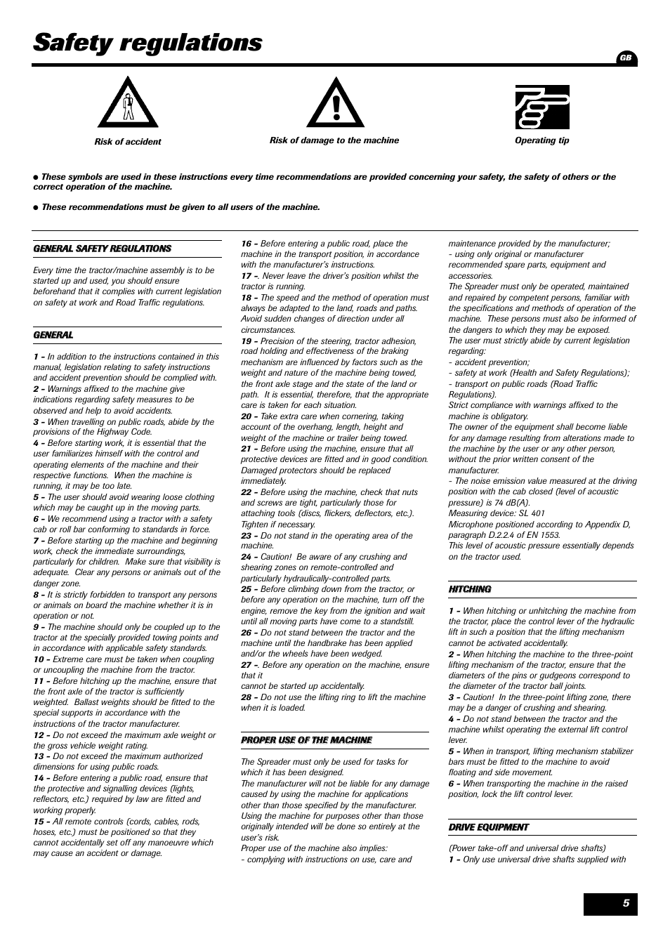 Safety regulations | Sulky Monorotor V 500 User Manual | Page 7 / 77
