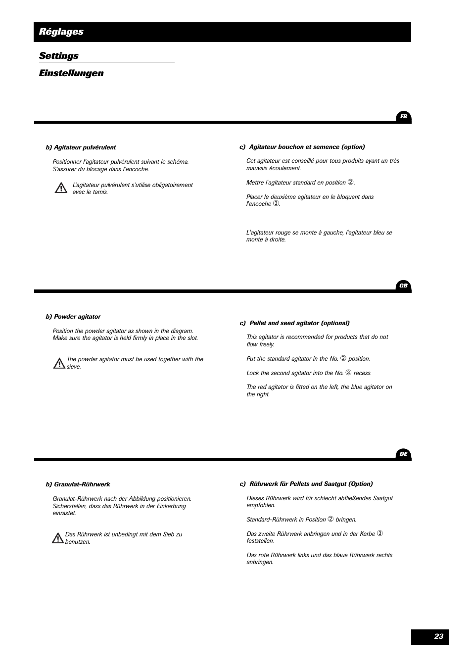 Réglages settings einstellungen | Sulky DRC User Manual | Page 25 / 55