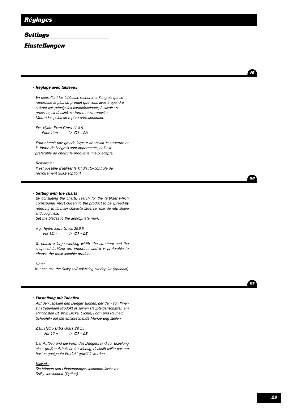 Réglages settings einstellungen | Sulky DRC User Manual | Page 31 / 55