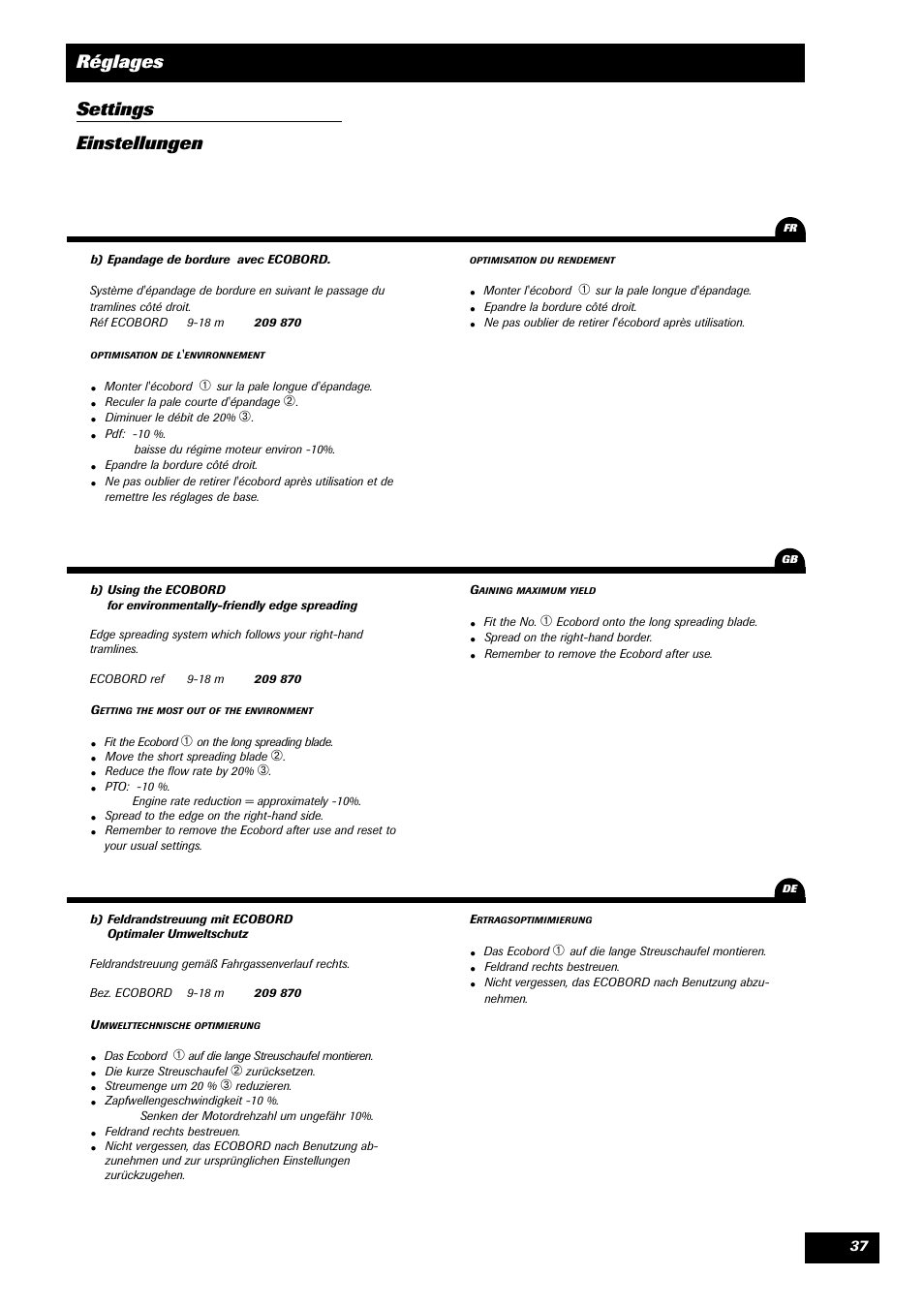 Réglages settings einstellungen | Sulky DRC User Manual | Page 39 / 55