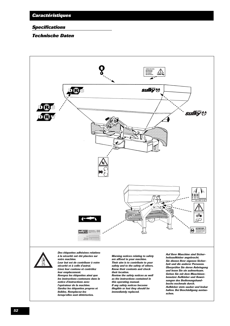 Caractéristiques specifications technische daten | Sulky DRC User Manual | Page 54 / 55
