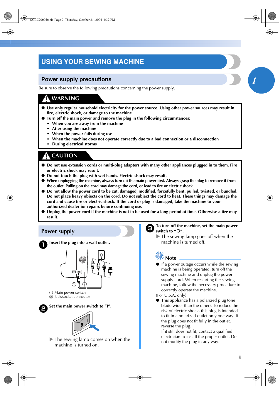 Using your sewing machine, Power supply precautions, Power supply | Warning caution | Brother EX 660 User Manual | Page 11 / 67