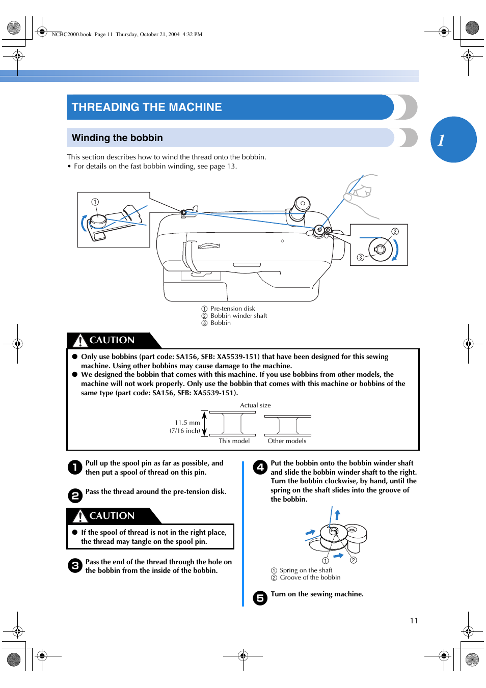 Threading the machine, Winding the bobbin, Caution | Brother EX 660 User Manual | Page 13 / 67