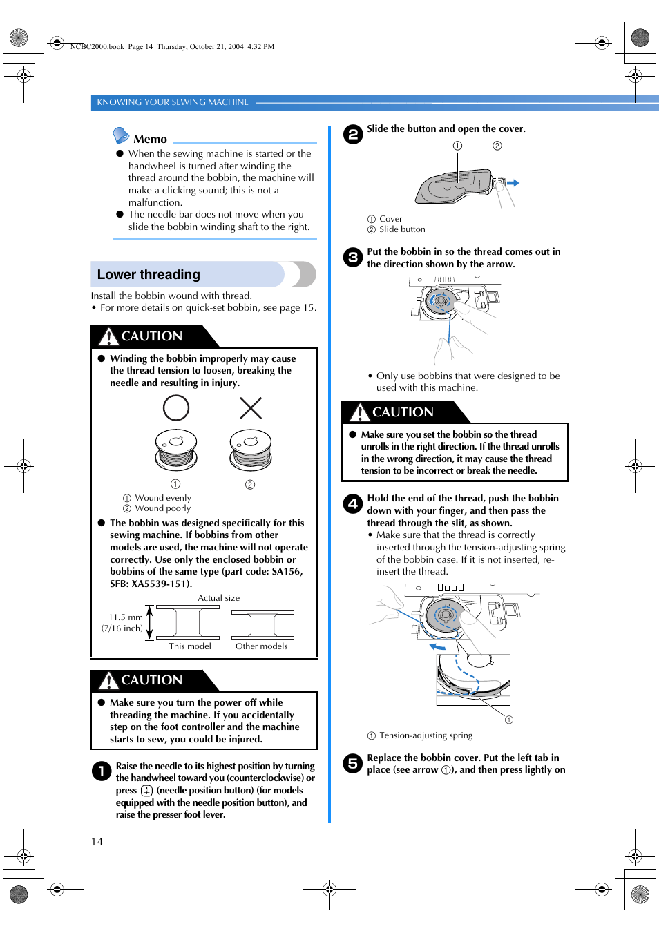 Lower threading, Caution | Brother EX 660 User Manual | Page 16 / 67