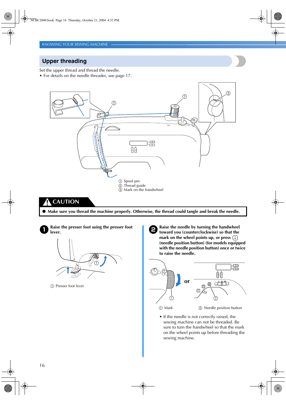 Upper threading, Caution | Brother EX 660 User Manual | Page 18 / 67