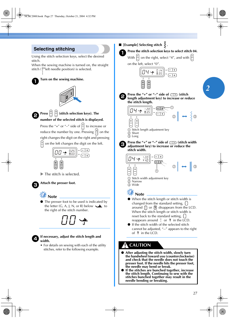 Selecting stitching, Caution | Brother EX 660 User Manual | Page 29 / 67