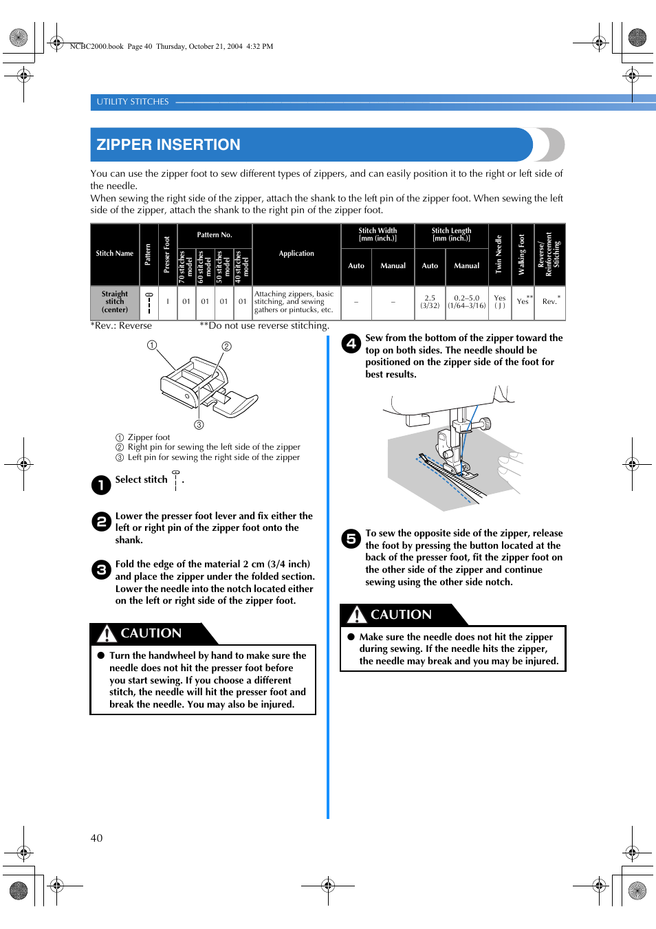 Zipper insertion, Caution | Brother EX 660 User Manual | Page 42 / 67