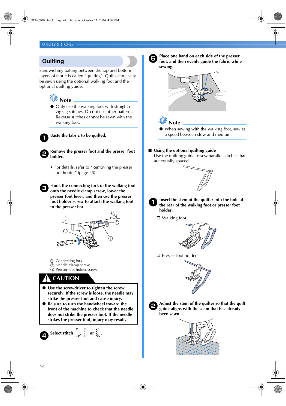 Quilting, Caution | Brother EX 660 User Manual | Page 46 / 67