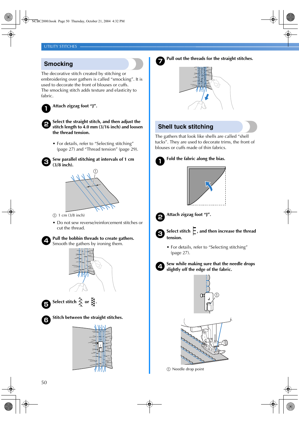 Smocking, Shell tuck stitching | Brother EX 660 User Manual | Page 52 / 67