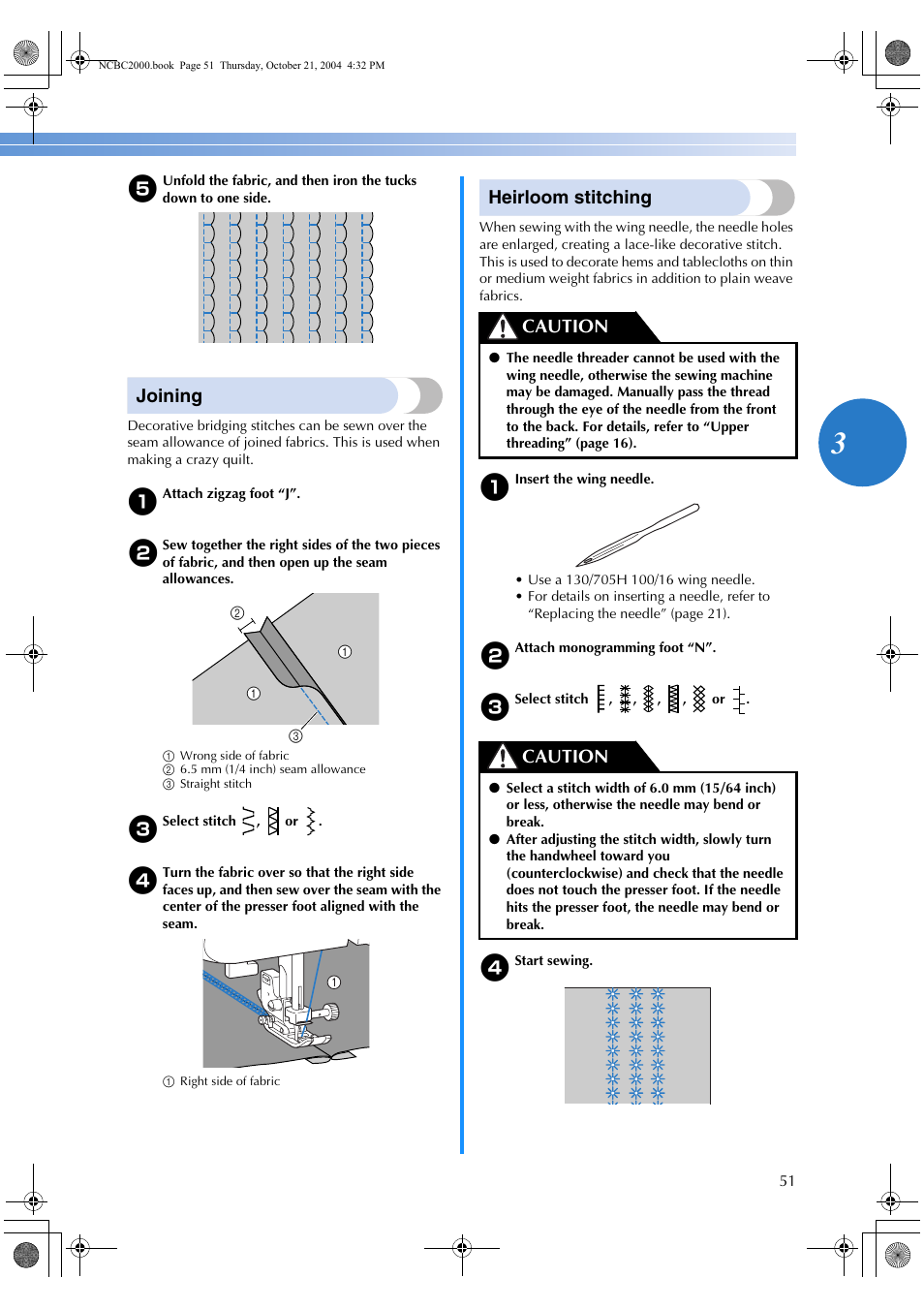 Joining, Heirloom stitching, Caution | Brother EX 660 User Manual | Page 53 / 67