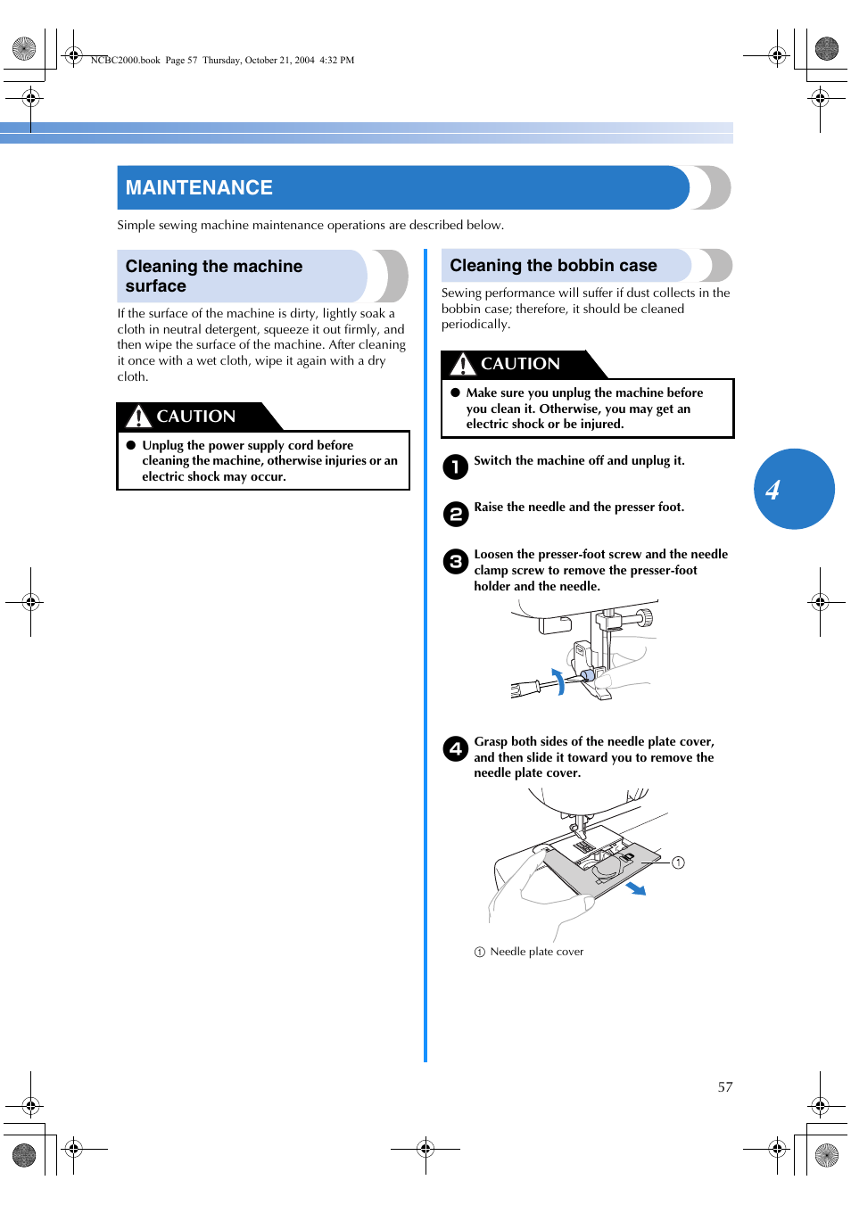 Maintenance, Cleaning the machine surface, Cleaning the bobbin case | Caution | Brother EX 660 User Manual | Page 59 / 67