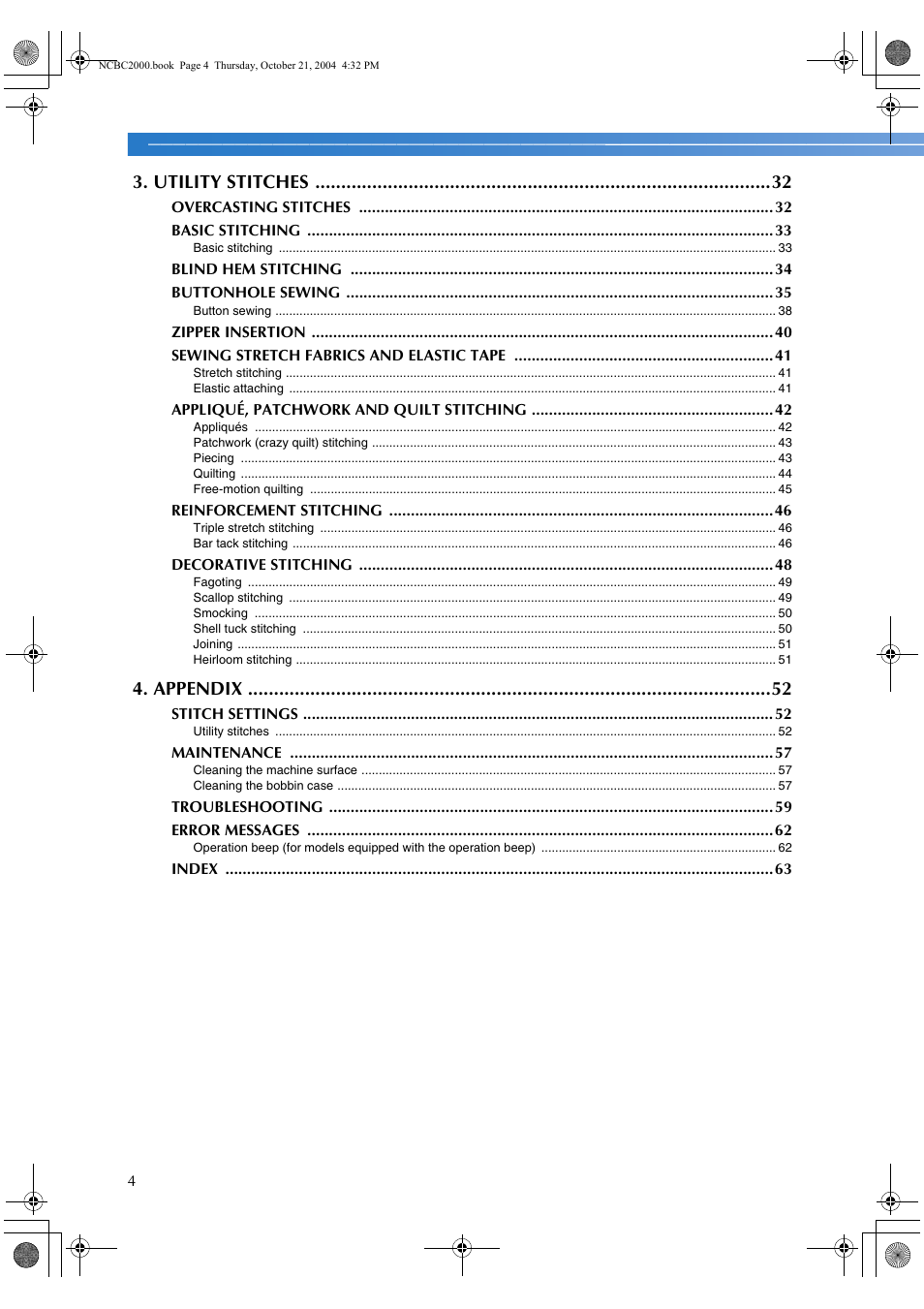 Utility stitches, Appendix | Brother EX 660 User Manual | Page 6 / 67