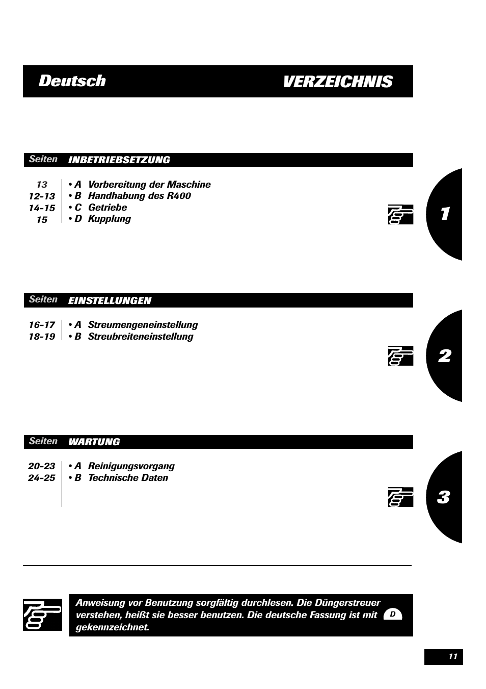 Verzeichnis, Deutsch | Sulky Monorotor R 400 User Manual | Page 12 / 26