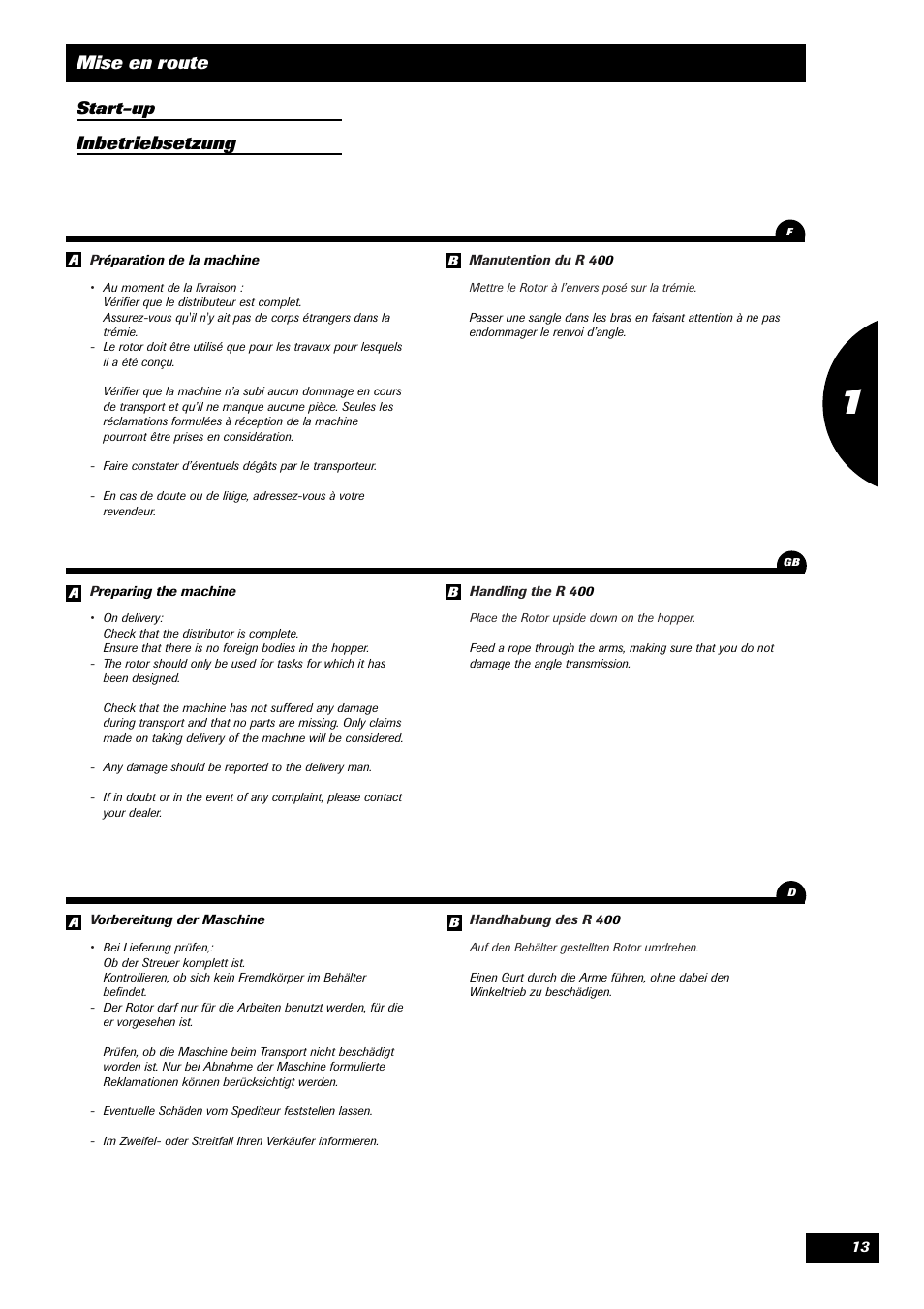 Mise en route start-up inbetriebsetzung | Sulky Monorotor R 400 User Manual | Page 14 / 26