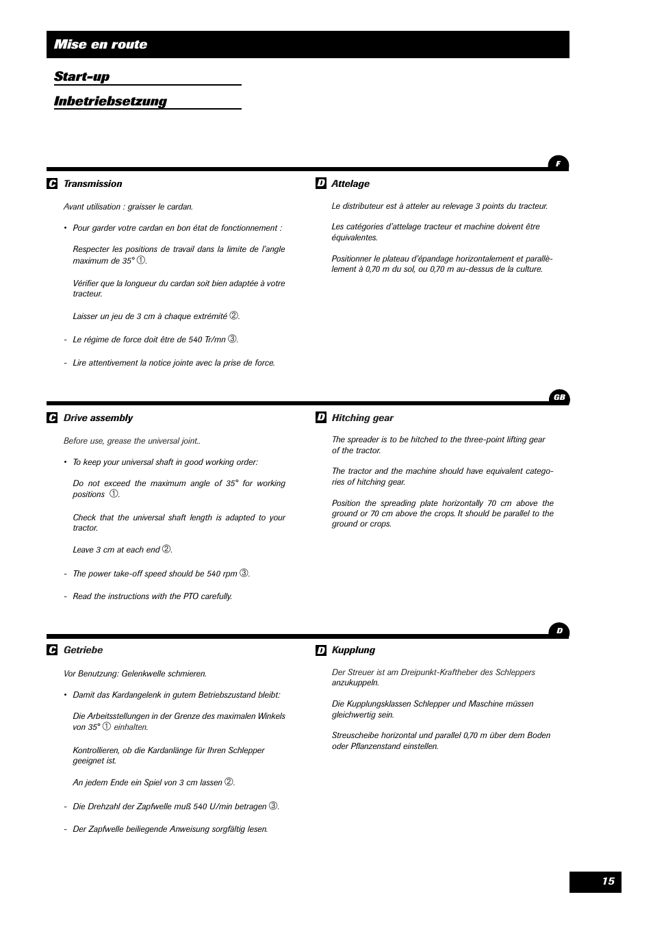 Mise en route start-up inbetriebsetzung | Sulky Monorotor R 400 User Manual | Page 16 / 26
