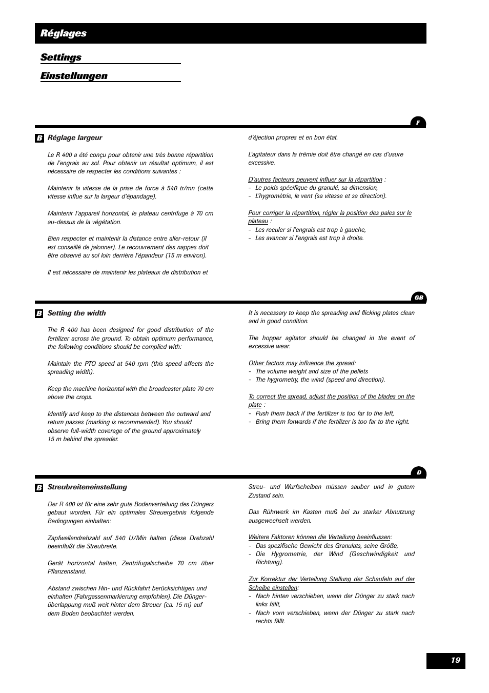 Réglages settings einstellungen | Sulky Monorotor R 400 User Manual | Page 20 / 26