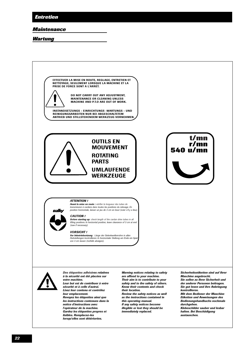 T/mn r/mn 540 u/mn, Entretien maintenance wartung | Sulky Monorotor R 400 User Manual | Page 23 / 26