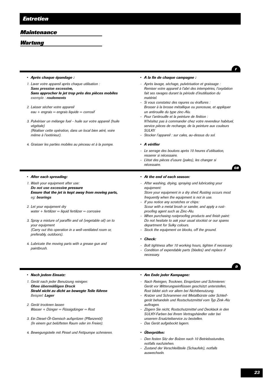 Entretien maintenance wartung | Sulky Monorotor R 400 User Manual | Page 24 / 26