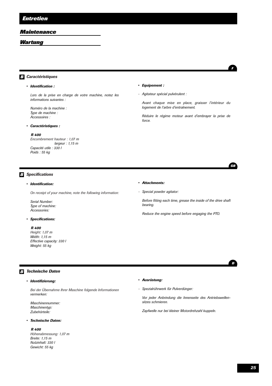 Entretien maintenance wartung | Sulky Monorotor R 400 User Manual | Page 26 / 26