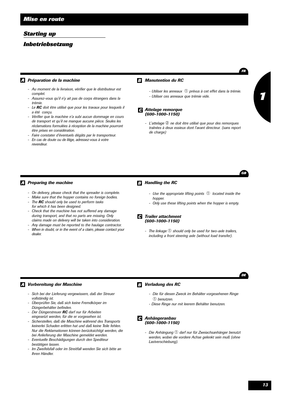 Mise en route starting up inbetriebsetzung | Sulky Monorotor C User Manual | Page 15 / 31