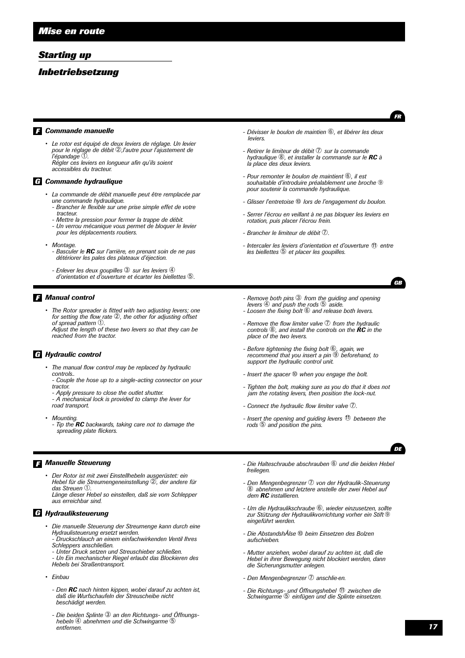 Mise en route starting up inbetriebsetzung | Sulky Monorotor C User Manual | Page 19 / 31